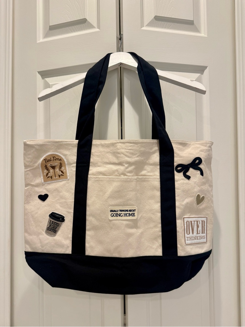 Canvas Patch Tote Bag - Cream with Black Trim